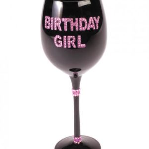 Birthday Girl Wine Glass Pink Stones Black