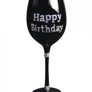 Happy Birthday Wine Glass Clear Stones Black