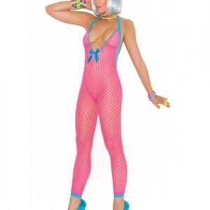Crochet Bodystocking Peek-A-Boo Back Neon Pink O/S
