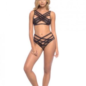 Strappy Elastic, Mesh Soft Cup Bra & Ruched Back Panty Black O/S