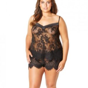 Full Eyelash Lace Camisole & Shorts Satin Edge Black 2X