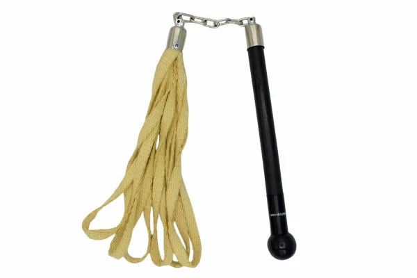 Fire flogger with Kevlar falls and oak handle connected by a swivel chain for smooth fire play performance.