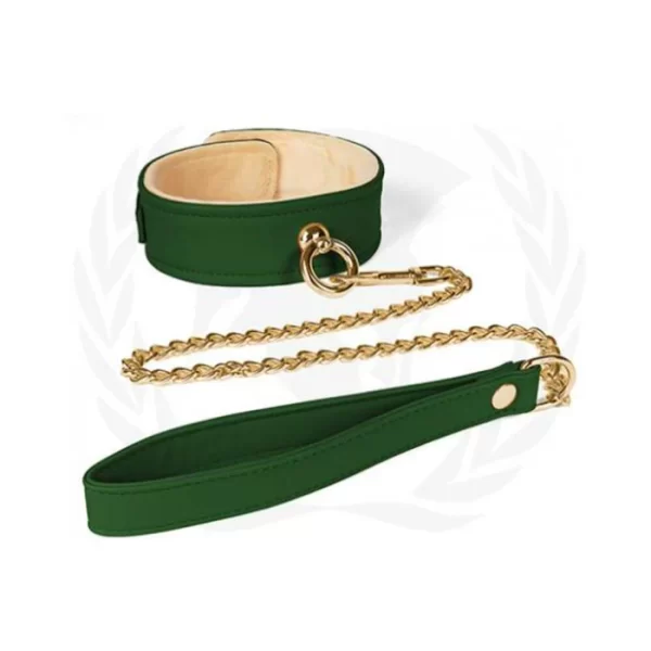Green PU leather dog collar and leash set with gold-tone chain and hardware, lined with soft microfiber.